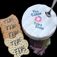 Load image into Gallery viewer, Brie cheese wheel printed using edible ink with a logo or message