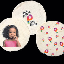 Load image into Gallery viewer, photo of flour tortilla with photo, logo or wording printed in edible ink