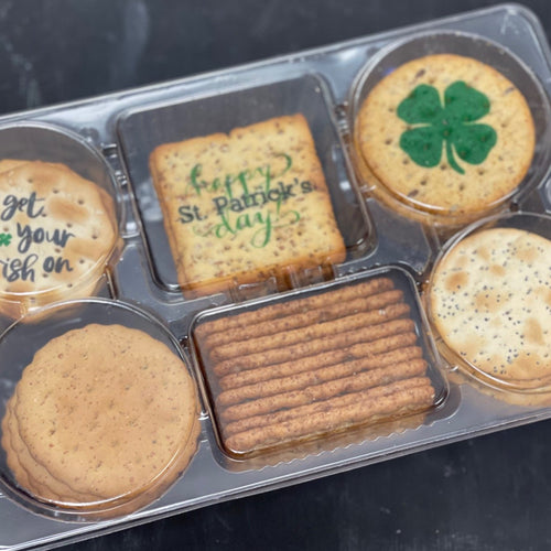 Crackers can be  used for a charcuterie board that have edible St Patricks Day designs printed on them