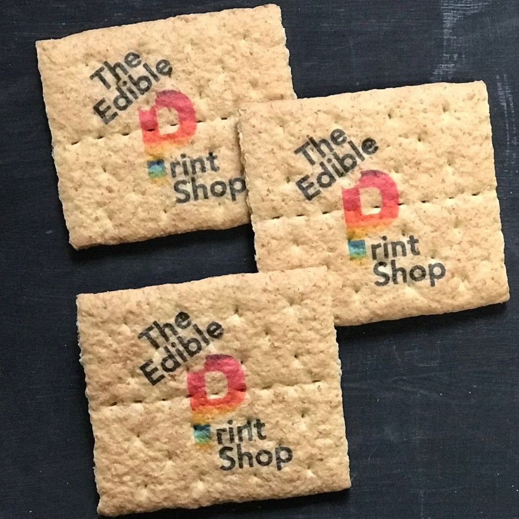 Graham crackers that have a logo or text printed on them 