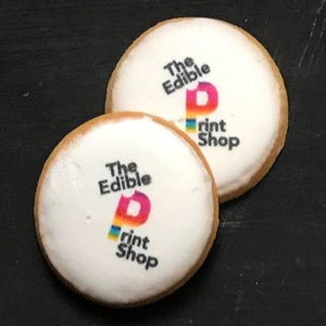 Round sugar cookies with a full color logo printed