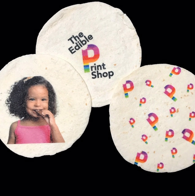 photo of flour tortilla with photo, logo or wording printed in edible ink