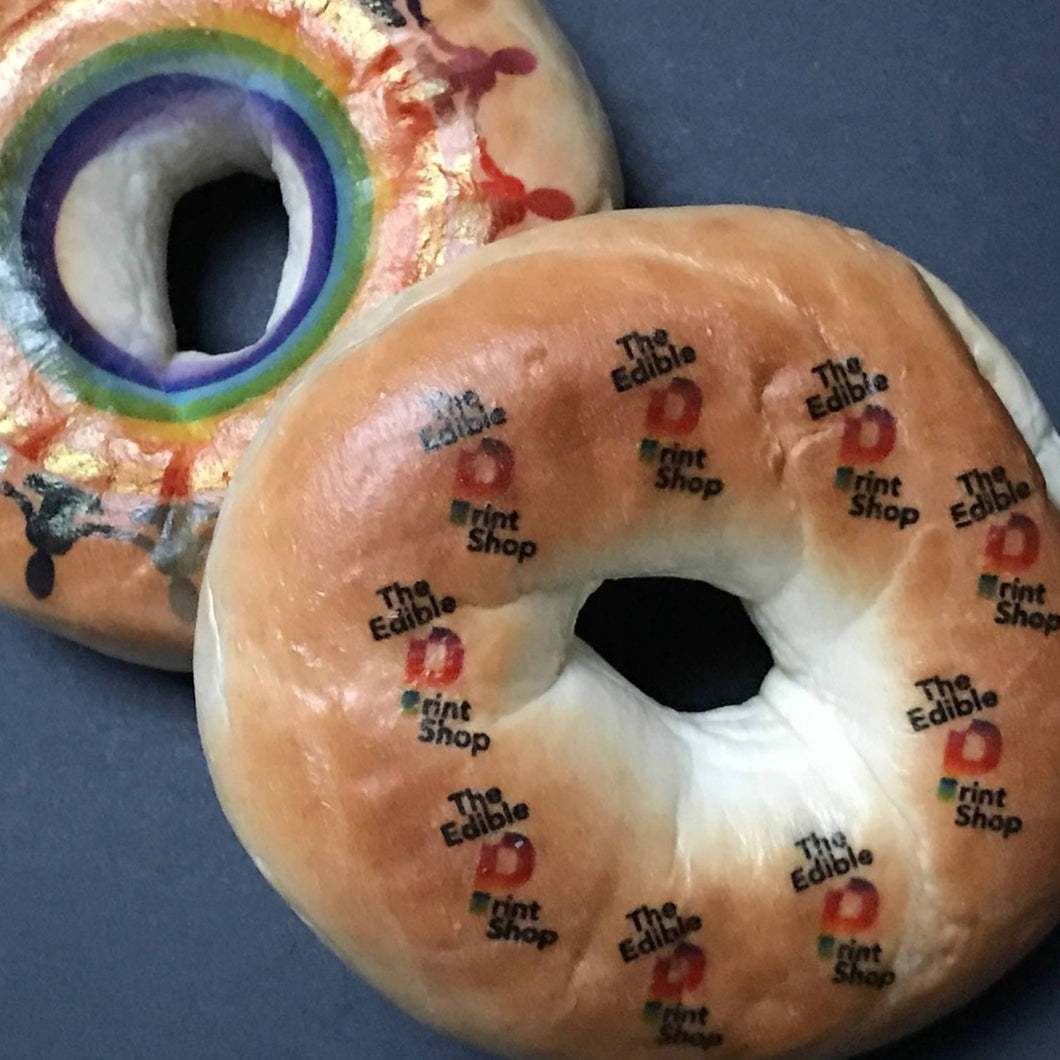 Bagel printed with a logo using edible ink