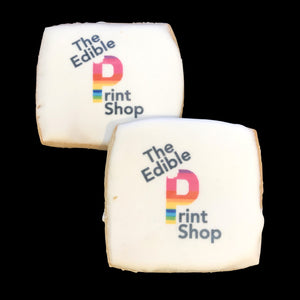 Square sugar cookies with a full color logo printed